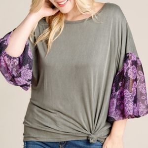 NWT! PLUS purple & gray casual knot floral top 2X